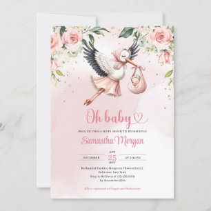Invitation Mignonne cigogne livrant une petite fille florale