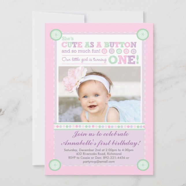 Invitation Mignonne comme un bouton (Pastels) Premier anniver (Devant)