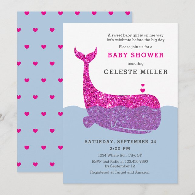 Invitation mignonne de baby shower de baleine de (Devant / Derrière)