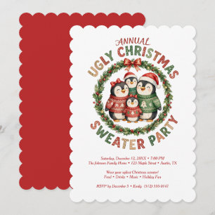 Invitation Mignonne Famille Manchot Rouge Fête de Noël TMF26