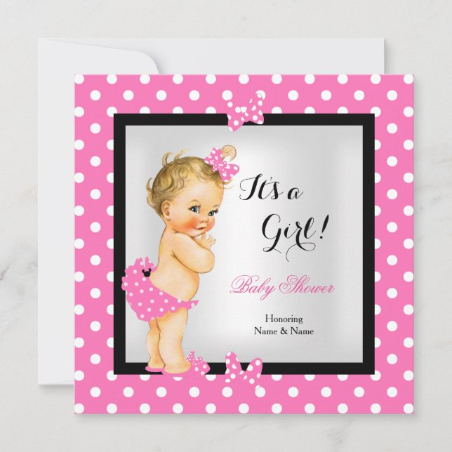Invitation Mignonne fille Baby shower jolie rose Blonde noire (Devant)