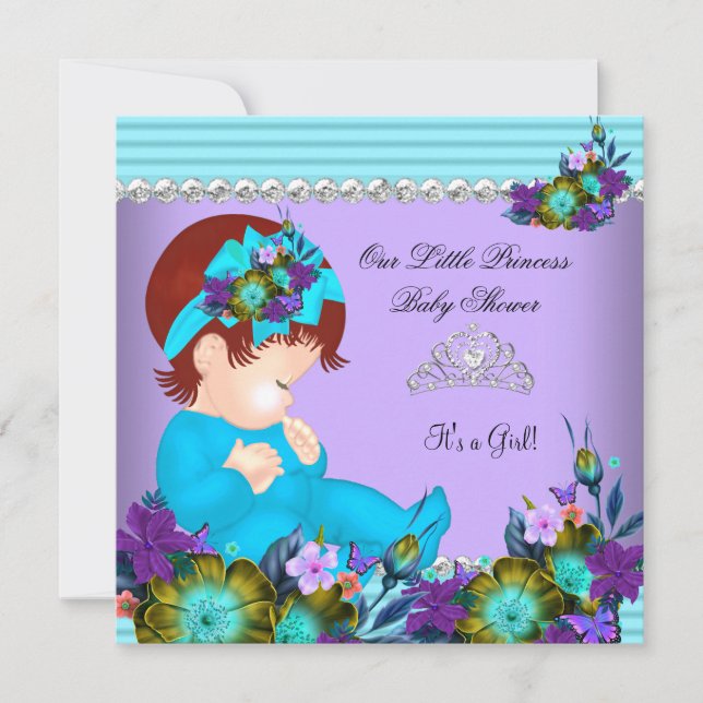 Invitation Mignonne fille Baby shower Turquoise bleu pourpre  (Devant)