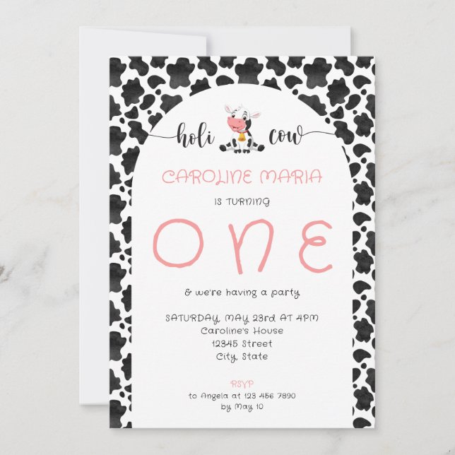 Invitation Mignonne Fille de Vache Funny Bébé rose Premier an (Devant)