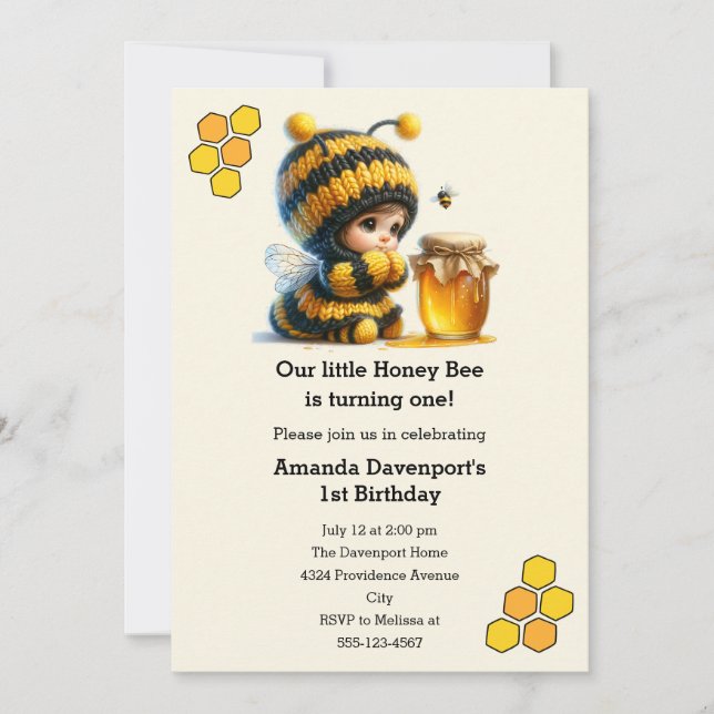 Invitation Mignonne fille en costume d'abeille avec du miel A (Devant)