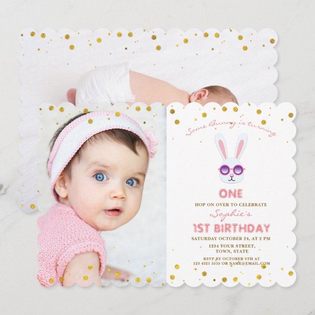 Invitation Mignonne fille lapin Photo 1ER Anniversaire (Devant / Derrière)