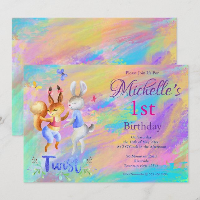 Invitation Mignonne Fille Rose Danser lapins 1er fête d'anniv (Devant / Derrière)