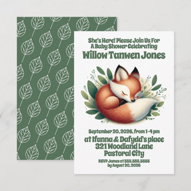 Invitation Mignonne Fox dormir en Baby shower Feuille (Devant / Derrière)