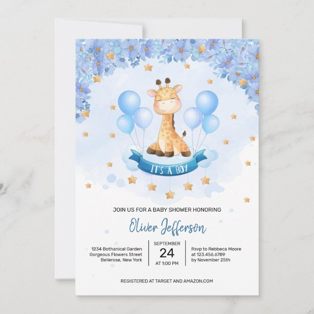 Invitation Mignonne girafe nuages en bleu ciel fleurs garçon  (Devant)