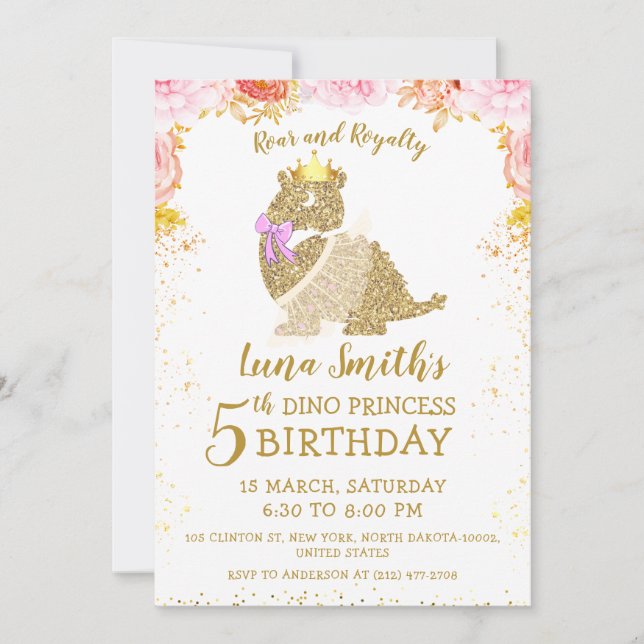 Invitation Mignonne Gold Princesse Petit Dinosaure Fille Anni (Devant)