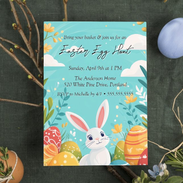 Invitation Mignonne lapin avec oeufs fleurs Pâques Chasse aux (Créateur téléchargé)