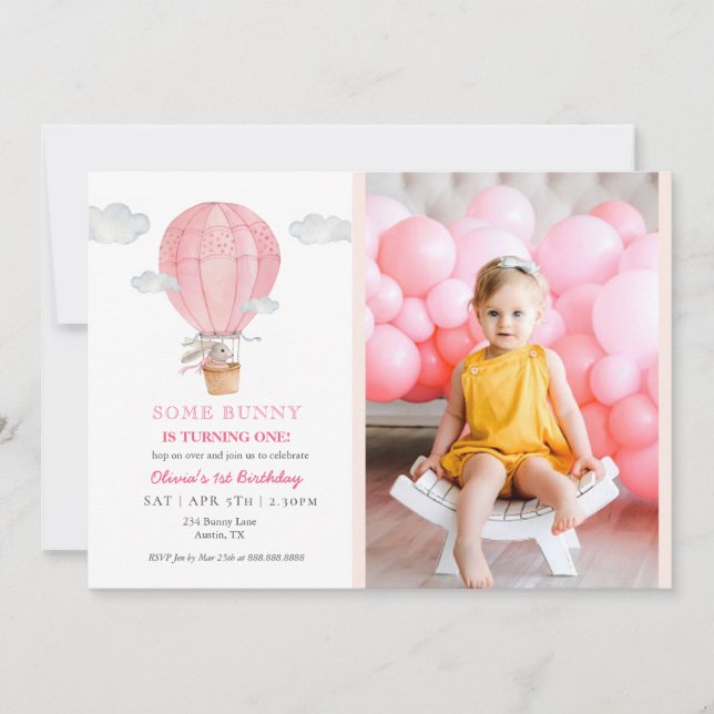 Invitation Mignonne lapin en montgolfière 1er anniversaire (Devant)
