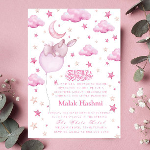 Invitation Mignonne lapin et étoile bébé fille islamique Aqiq