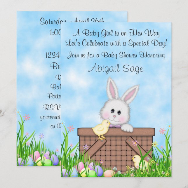 Invitation Mignonne lapin, poules, Oeufs de Pâques Baby showe (Devant / Derrière)