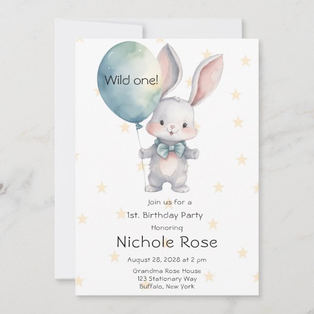 Invitation Mignonne Lapin Wild Un 1er anniversaire fête (Devant)