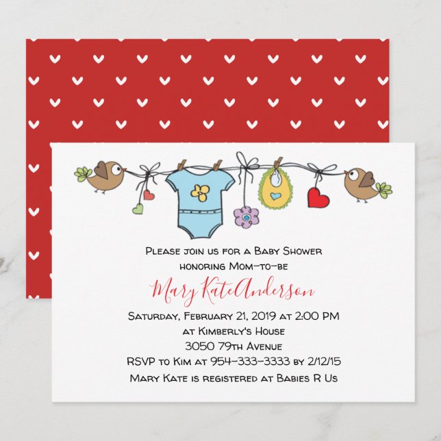 Invitation Mignonne ligne de vêtements rouges BABY SHOWER neu (Devant / Derrière)