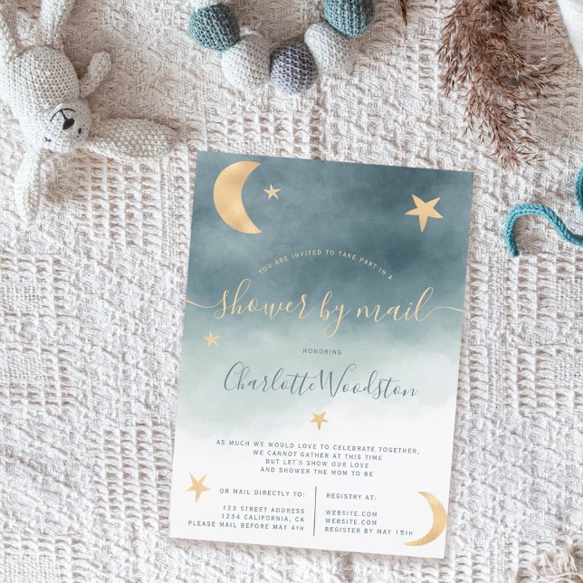 Invitation Mignonne lune or étoiles baby shower bleu par cour (Créateur téléchargé)