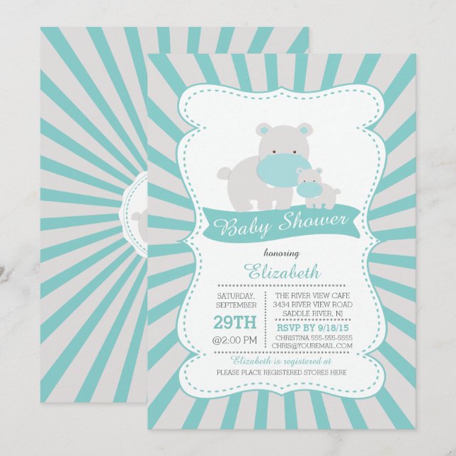 Invitation Mignonne maman et bébé Hippo Boys Baby shower (Devant / Derrière)
