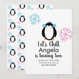 Invitation Mignonne Manchot Rose Flocons de Neige