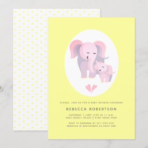 Invitation Mignonne mère d'éléphant rose, bébé fille douche j