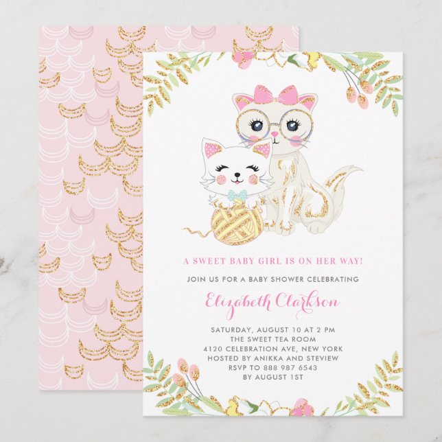 Invitation Mignonne Mère et Fille Chats Baby shower Floral (Devant / Derrière)