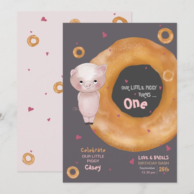 Invitation Mignonne "NOTRE PETITE PIGGIE" | "Amour & Bagels" (Devant / Derrière)
