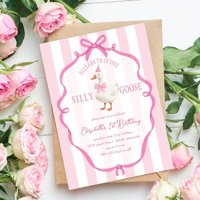 Invitation Mignonne One Silly Goose Rose Bow Premier annivers (Cute One Silly Goose Pink Bow First Birthday Invitation)