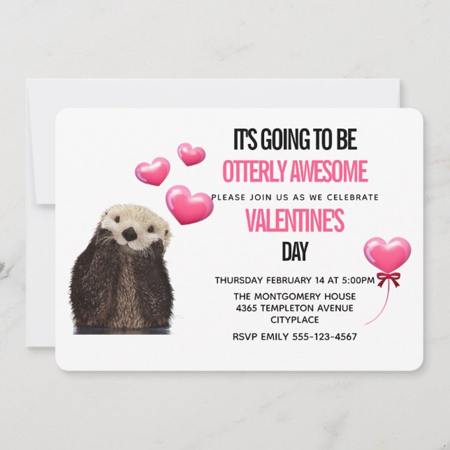 Invitation Mignonne Otter avec les coeurs Saint-Valentin (Devant)