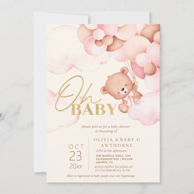 Invitation Mignonne ours en peluche Ballons rose Bébé Fille D (Devant)