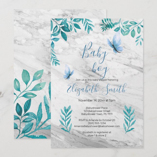 Invitation Mignonne papillon bleu d'aquarelle fleurie de marb (Devant / Derrière)