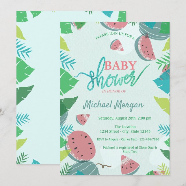 Invitation Mignonne pastèque, Baby shower Feuille tropical (Devant / Derrière)