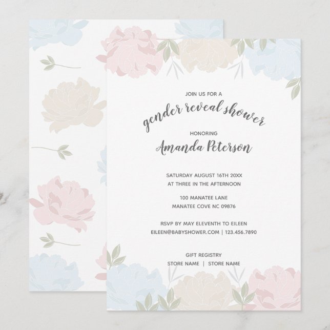 Invitation Mignonne Peonies Rose et Bleu Révélation de genre (Devant / Derrière)