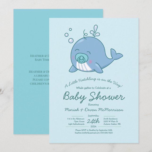 Invitation mignonne pour une baby shower Baleine M (Devant / Derrière)