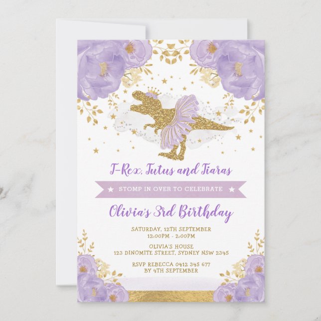 Invitation Mignonne Purple Gold Princesse Dinosaur Fille Anni (Devant)