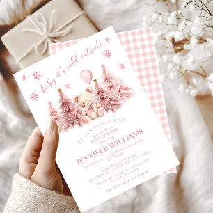 Invitation Mignonne Rose Or Hiver Teddy Ours Bébé fille Douch