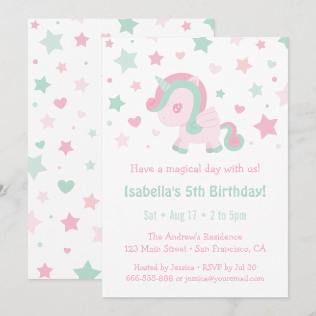 Invitation Mignonne Rose Vert Unicorn Filles Anniversaire (Devant / Derrière)