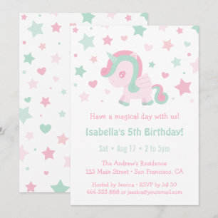 Invitation Mignonne Rose Vert Unicorn Filles Anniversaire
