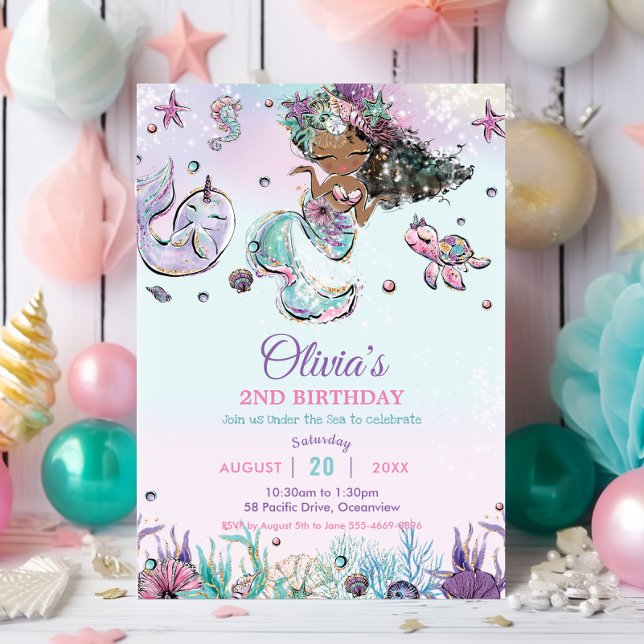 Invitation Mignonne sirène Brown sous la mer Narwhal Annivers (cute black african brown mermaid under the sea shells pool birthday party invitation cards digital  )