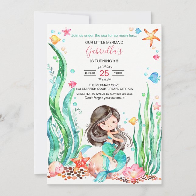 Invitation Mignonne sirène d'aquarelle sous la mer Anniversai (Devant)