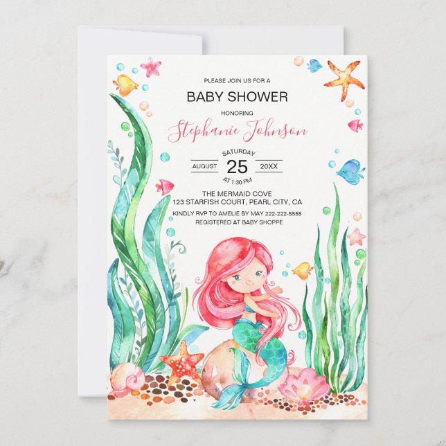 Invitation Mignonne sirène d'aquarelle sous le Baby shower ma (Devant)