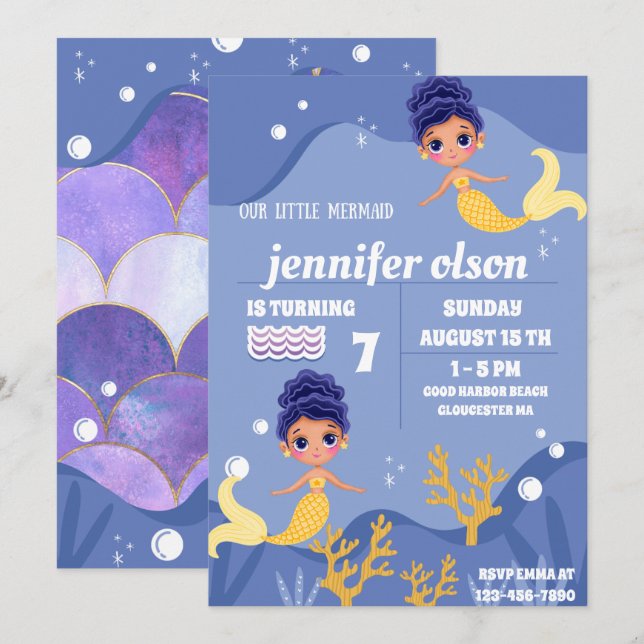 Invitation Mignonne sirène princesse sous-marine Golden Merma (Devant / Derrière)