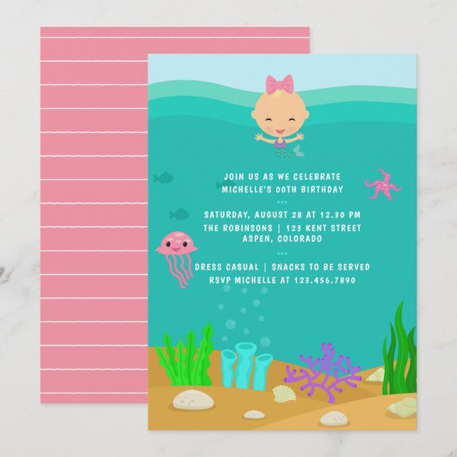 Invitation Mignonne sirène sous la fête d'anniversaire des fi (Devant / Derrière)
