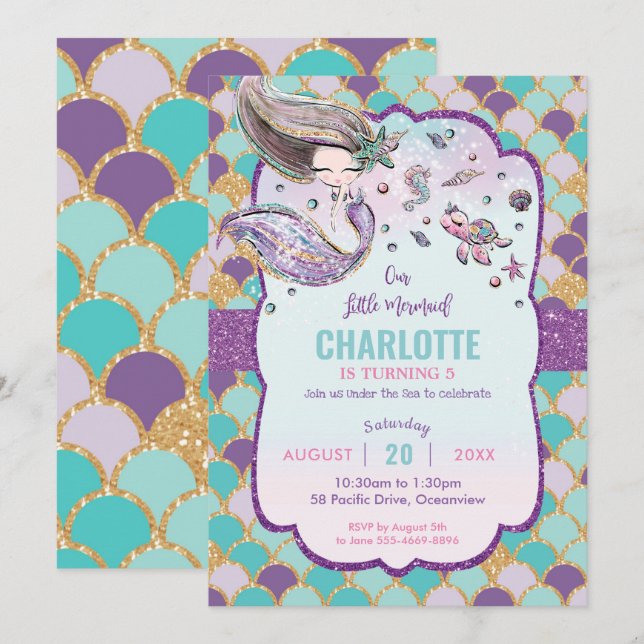 Invitation Mignonne sirène sous la mer Anniversaire Piscine O (Devant / Derrière)