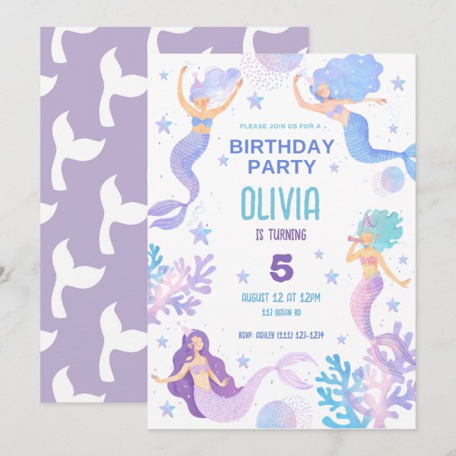 Invitation Mignonne sirène sous la mer fête d'anniversaire (Devant / Derrière)