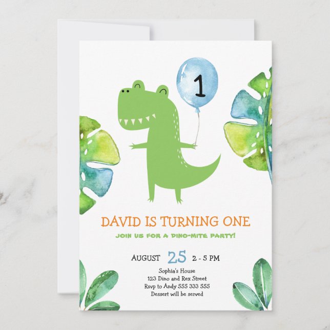 Invitation Mignonne T-Rex Boy Premier Anniversaire Dinomite D (Devant)