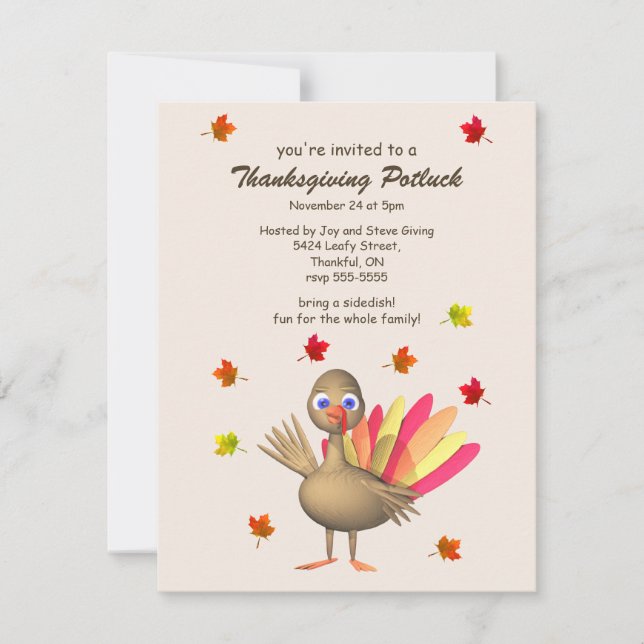 Invitation Mignonne Turquie Thanksgiving Potluck 4,25x 5,5 (Devant)