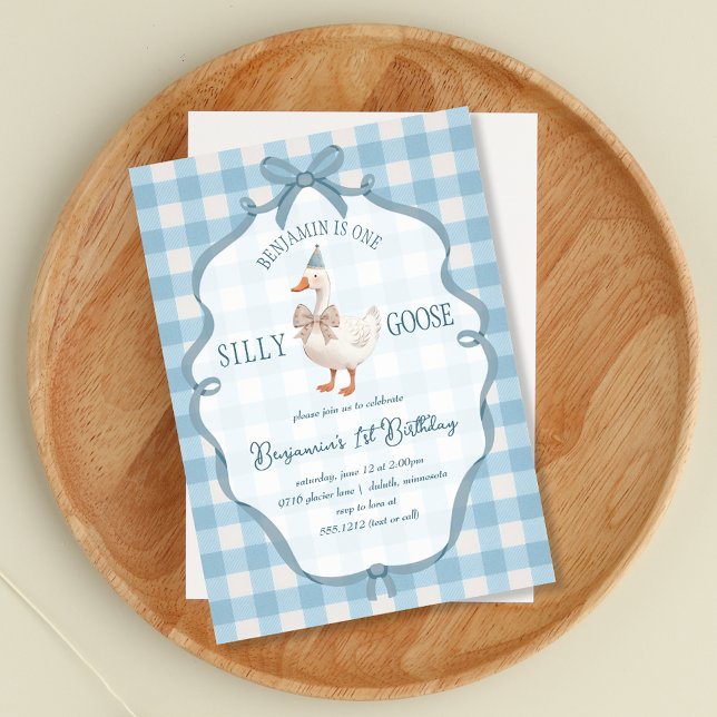 Invitation Mignonne Un Silly Goose Blue Premier Anniversaire (Cute One Silly Goose Blue First Birthday Invitation)