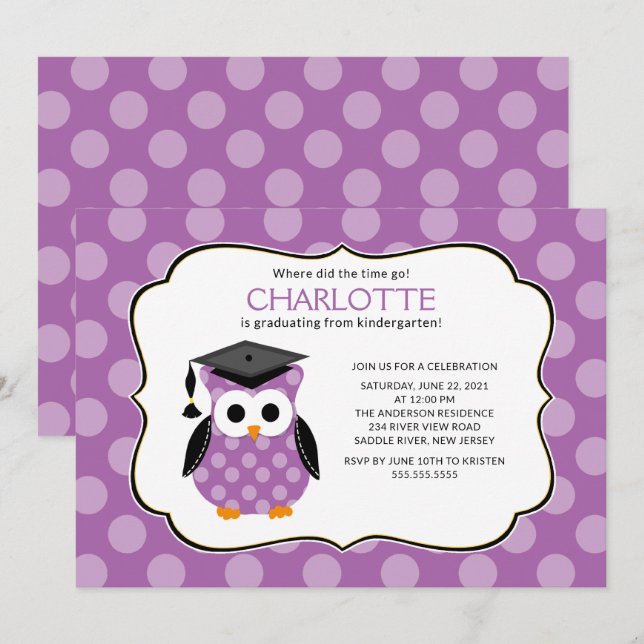 Invitation Mignonne violet Pois Grad Owl Girl Graduation (Devant / Derrière)