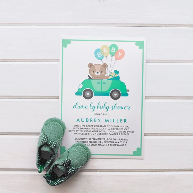 Invitation Mignonne Voiture D'Ours Vert Teddy Par Baby shower (Créateur téléchargé)