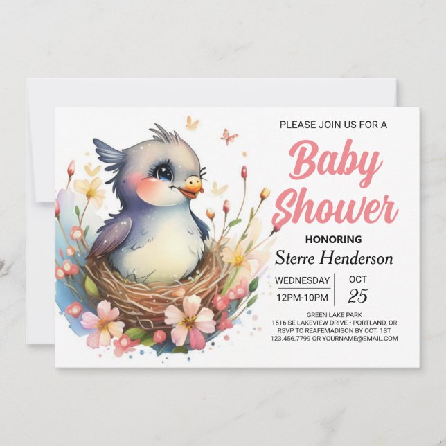 Invitation Mignonne Whimsical dans le Baby shower d'oiseaux d (Devant)