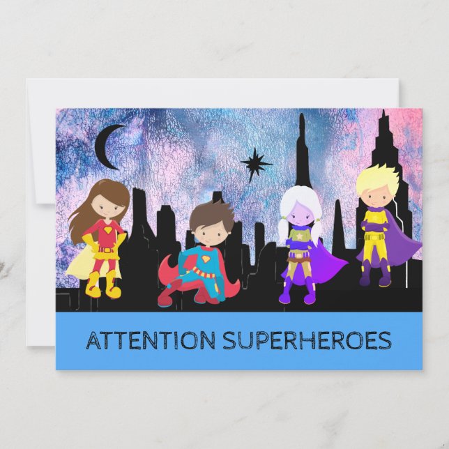 Invitation *~* Mignonne Whimsical SUPERHEROS Anniversaire de  (Devant)